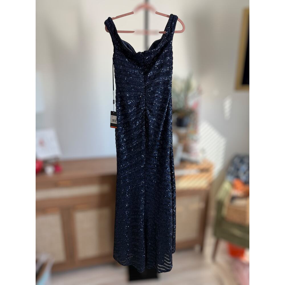 NWT Les Femme Sequin Off Shoulder High Slit Maxi Formal Gown Navy Blue Womens 12 - Picture 11 of 12